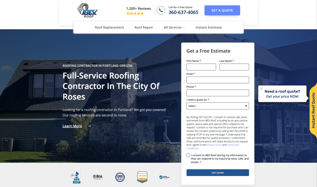 IBEX Roof homepage banner, highlighting roofing contractors in Portland.