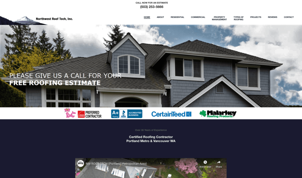 Northwest Roof Tech homepage banner, highlighting roofing contractors in Portland.