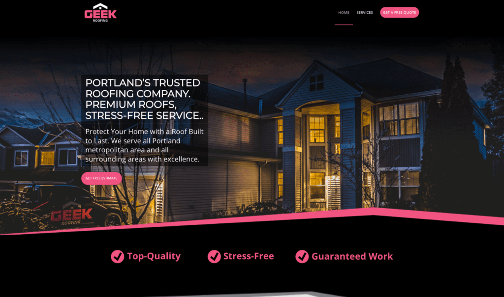 Geek Roofing homepage banner, highlighting roofing contractors in Portland.