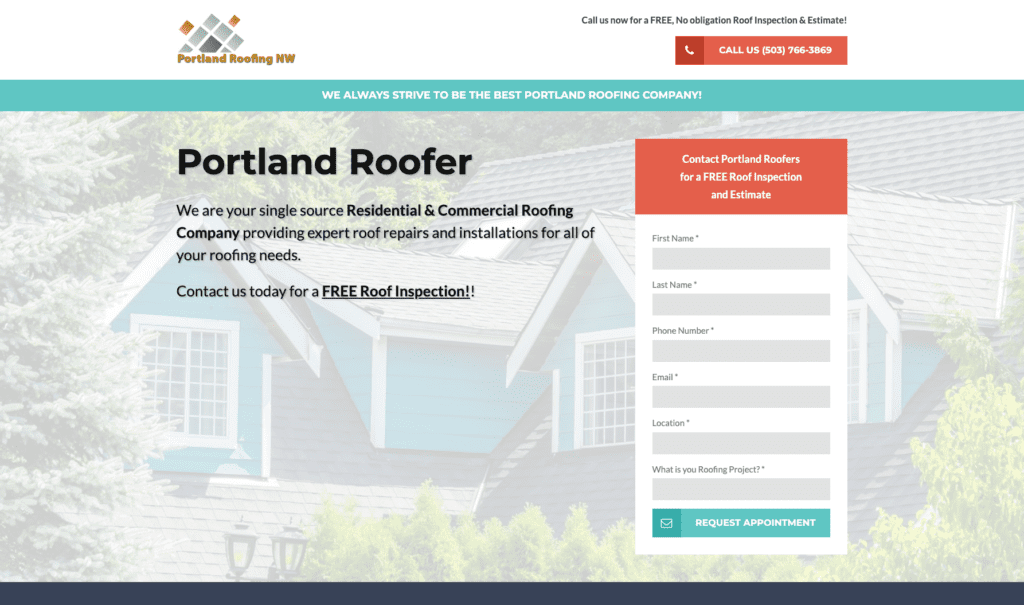 Portland Roofing NW homepage banner, highlighting roofing contractors in Portland.