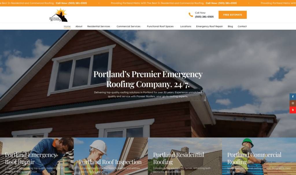 Pioneer Roofers Company homepage banner, highlighting roofing contractors in Portland.