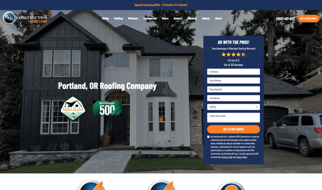 KVN Portland Roofing homepage banner, highlighting roofing contractors in Portland.
