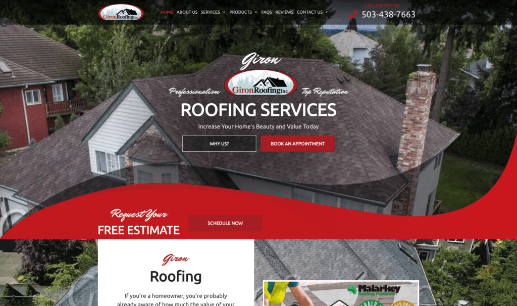 Giron Roofing Inc. homepage banner, highlighting roofing contractors in Portland.