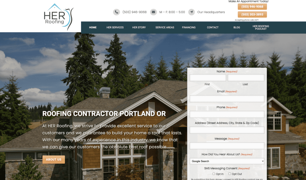 HER Roofing homepage banner, highlighting roofing contractors in Portland.