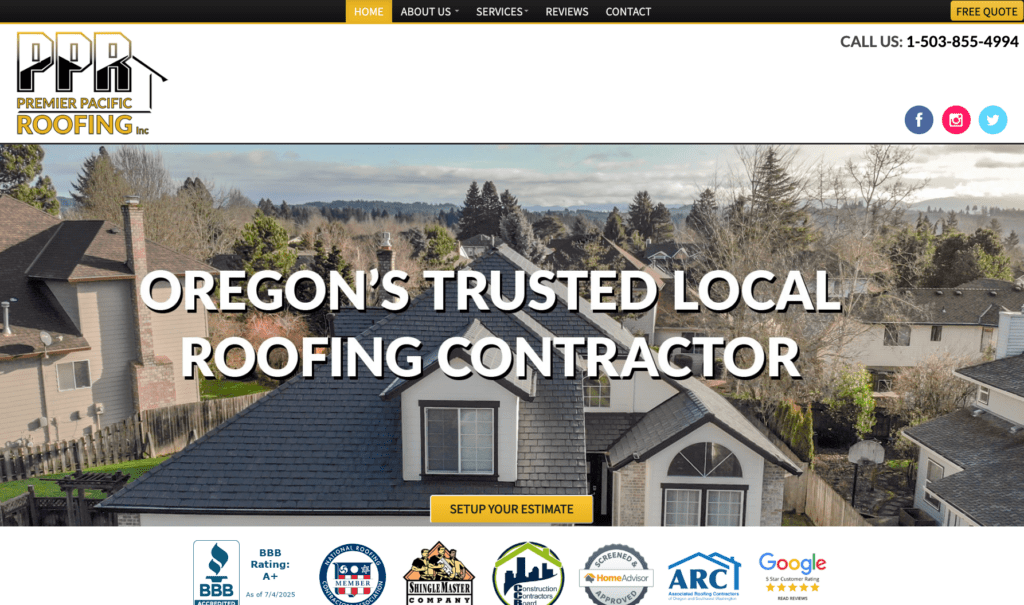 Premier Pacific Roofing Inc. homepage banner, highlighting roofing contractors in Portland.