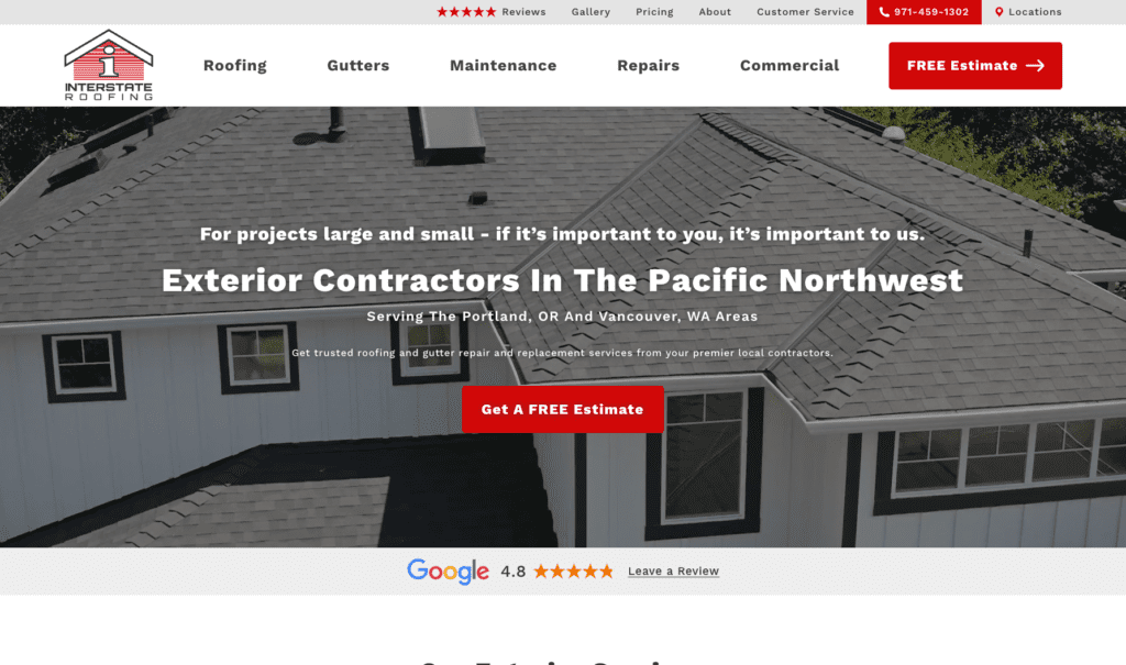 Interstate Roofing homepage banner, highlighting roofing contractors in Portland.