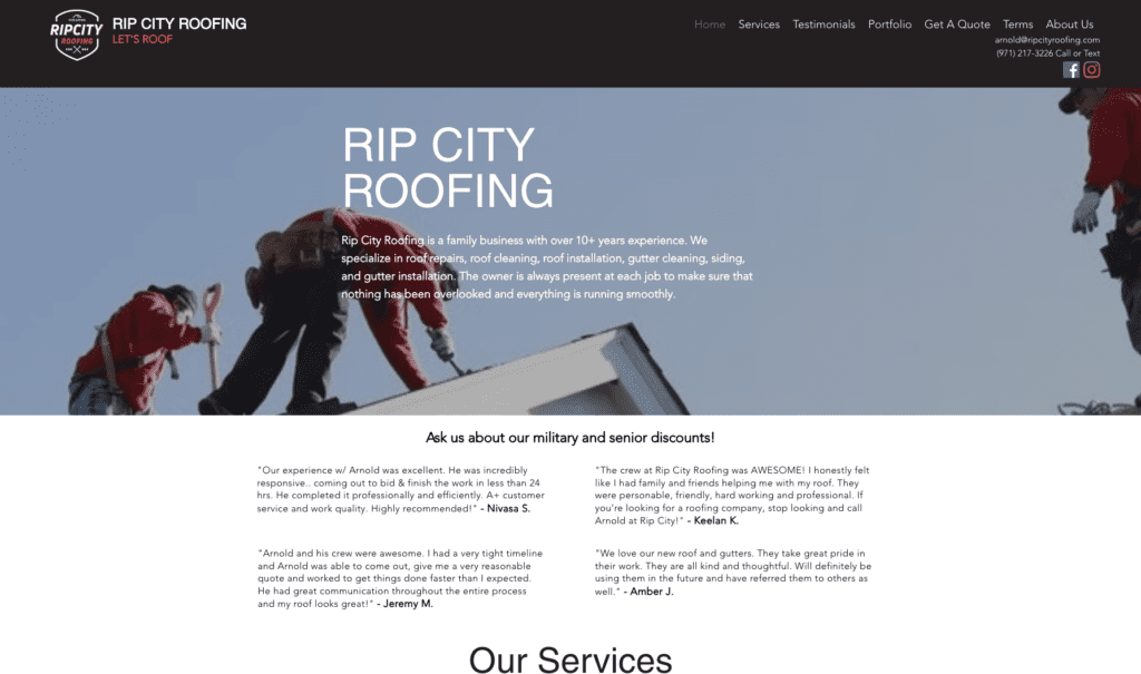 Rip City Roofing LLC homepage banner, highlighting roofing contractors in Portland.