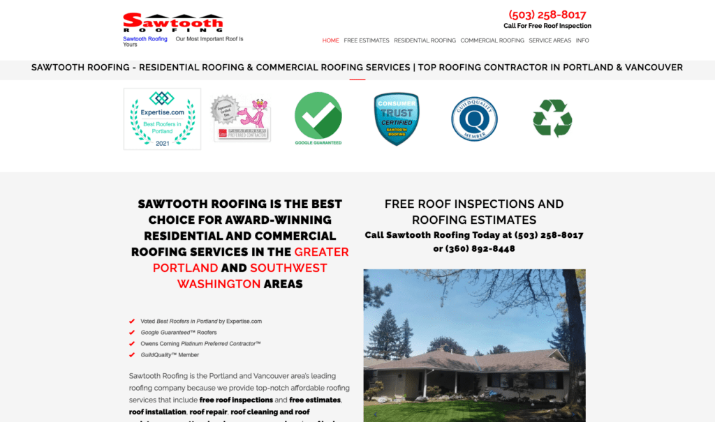 Sawtooth Roofing Company homepage banner, highlighting roofing contractors in Portland.