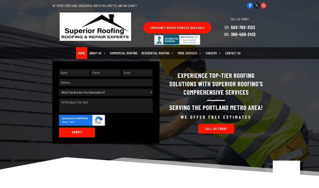 Superior Roofing homepage banner, highlighting roofing contractors in Portland.
