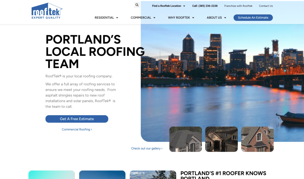 RoofTek homepage banner, highlighting roofing contractors in Portland.