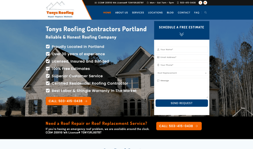Tonys Roofing homepage banner, highlighting roofing contractors in Portland.