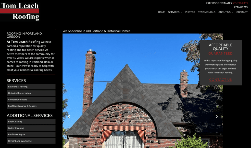 Tom Leach Roofing homepage banner, highlighting roofing contractors in Portland.