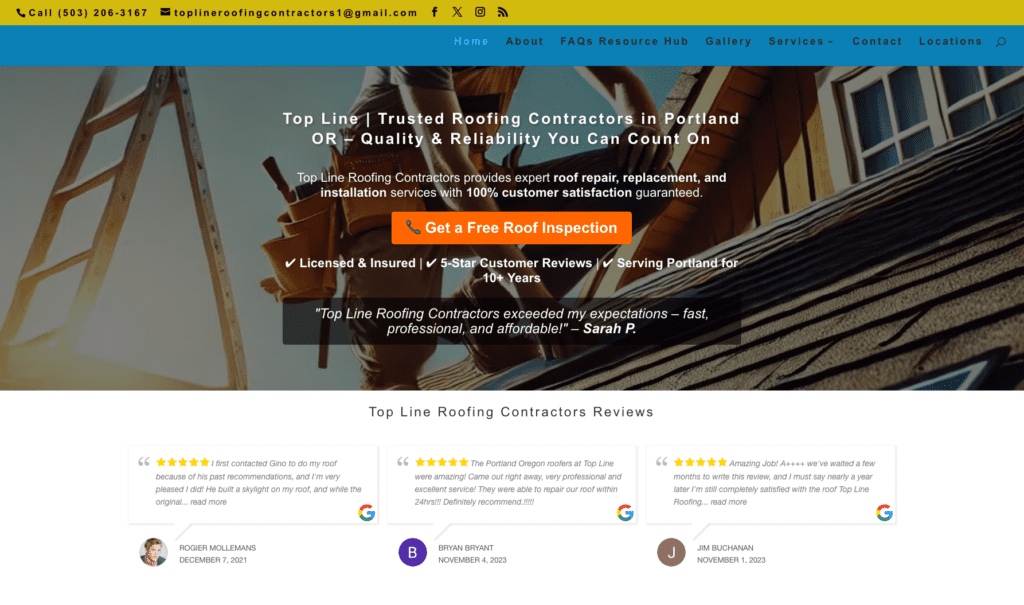 Top Line Roofing Contractors homepage banner, highlighting roofing contractors in Portland.