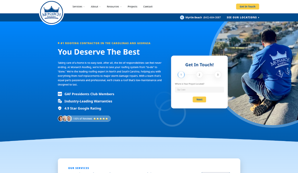 Website cover page for Monarch Roofing