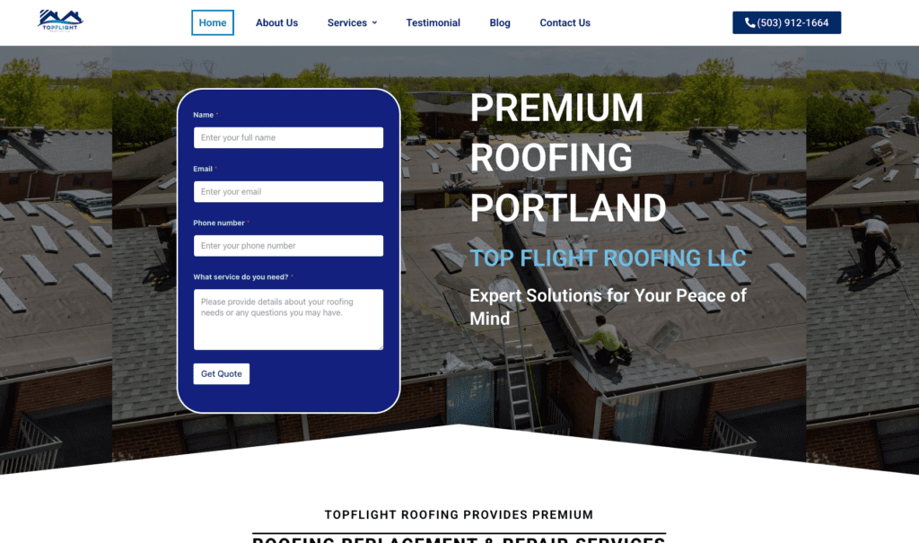 Top Flight Roofing LLC homepage banner, highlighting roofing contractors in Portland.