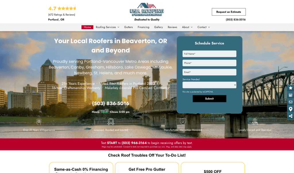 USA Roofing & Waterproofing LLC homepage banner, highlighting roofing contractors in Portland.