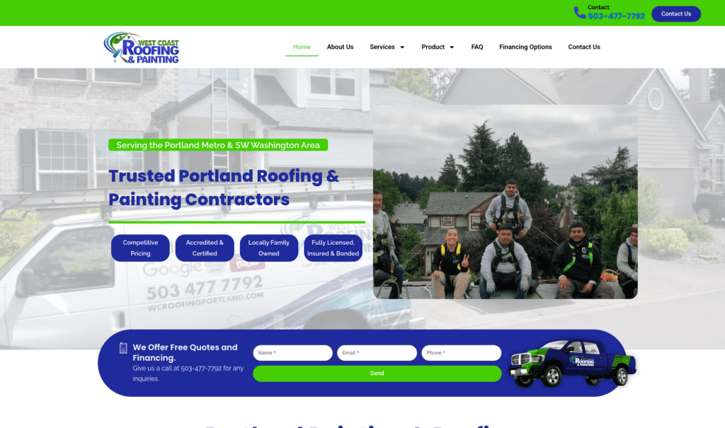 West Coast Roofing and Painting Inc homepage banner, highlighting roofing contractors in Portland.