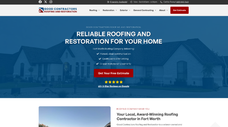 An image of Good Contractors Roofing and Restoration’s homepage.