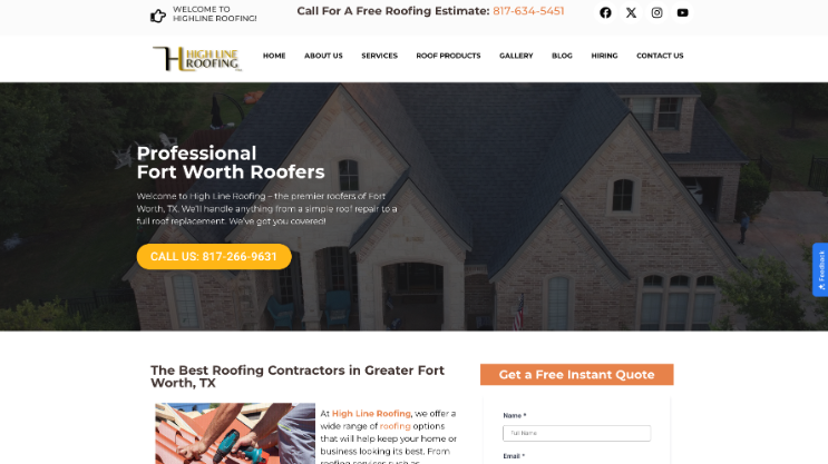An image of High Line Roofing’s homepage.