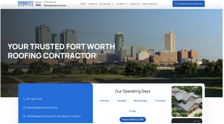 An image of Priority Roofing’s homepage.