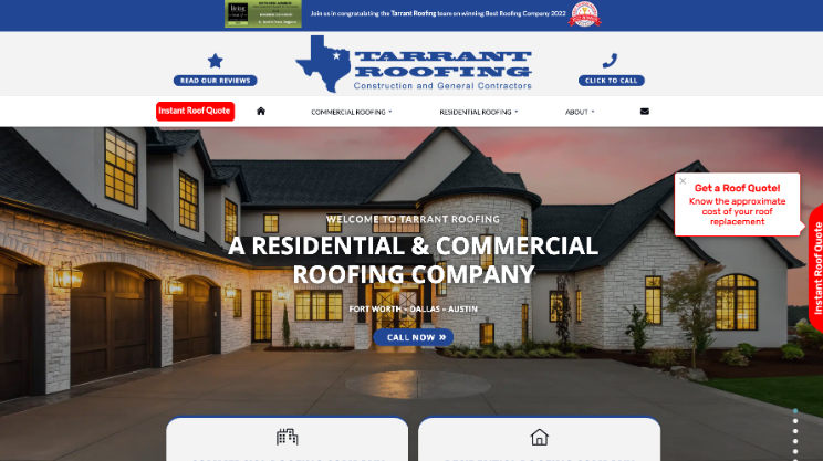 An image of Tarrant Roofing’s homepage.