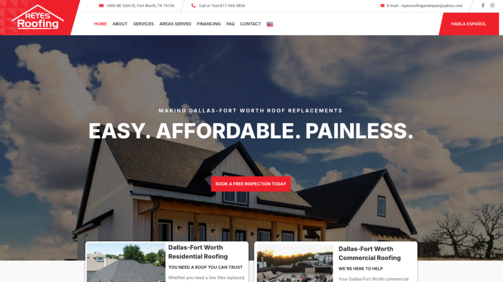 An image of Reyes Roofing LLC’s homepage.