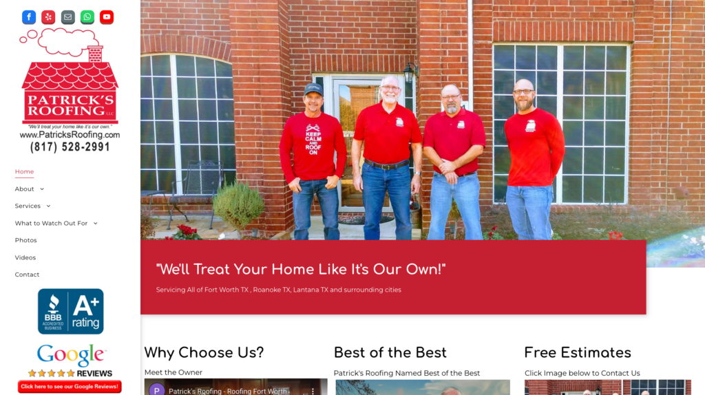 An image of Patrick's Roofing’s homepage.