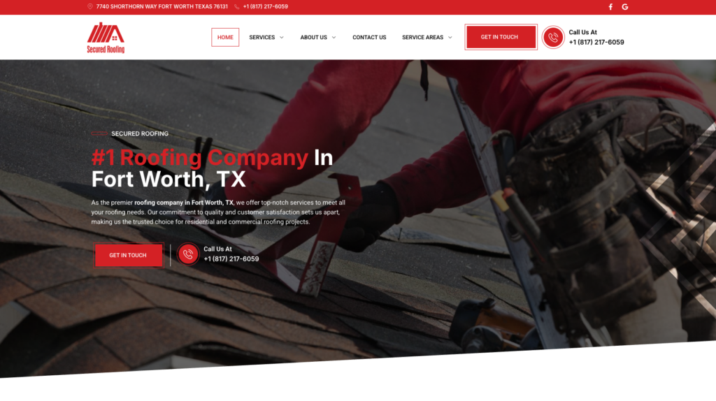 An image of Secured Roofing Fort Worth’s homepage.