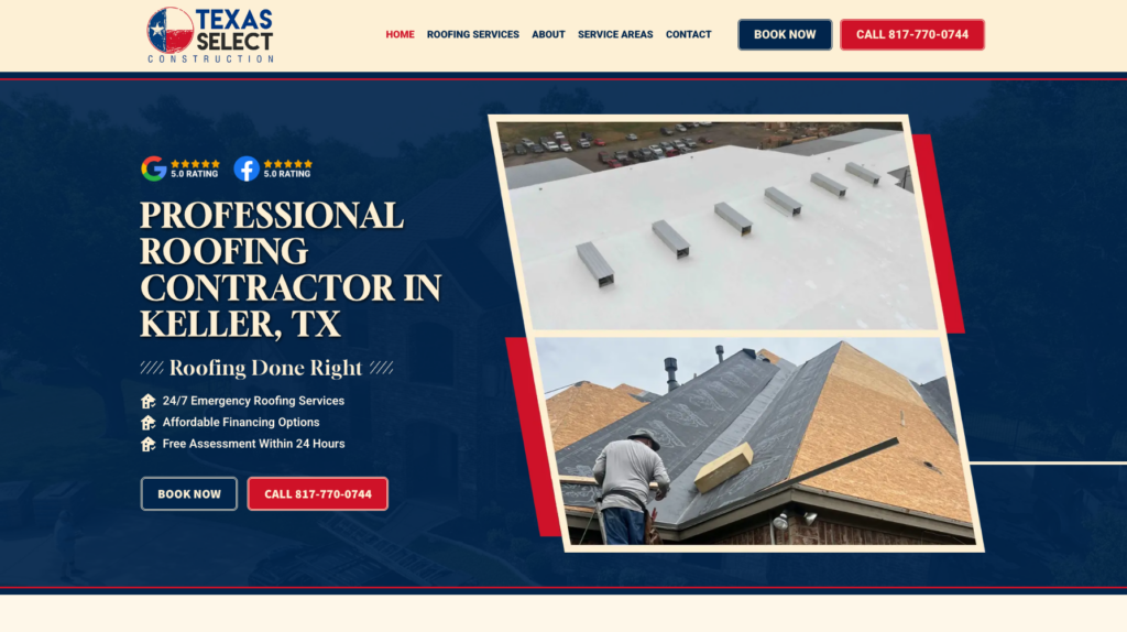 An image of Texas Select Construction, Roofing & Windows’s homepage.