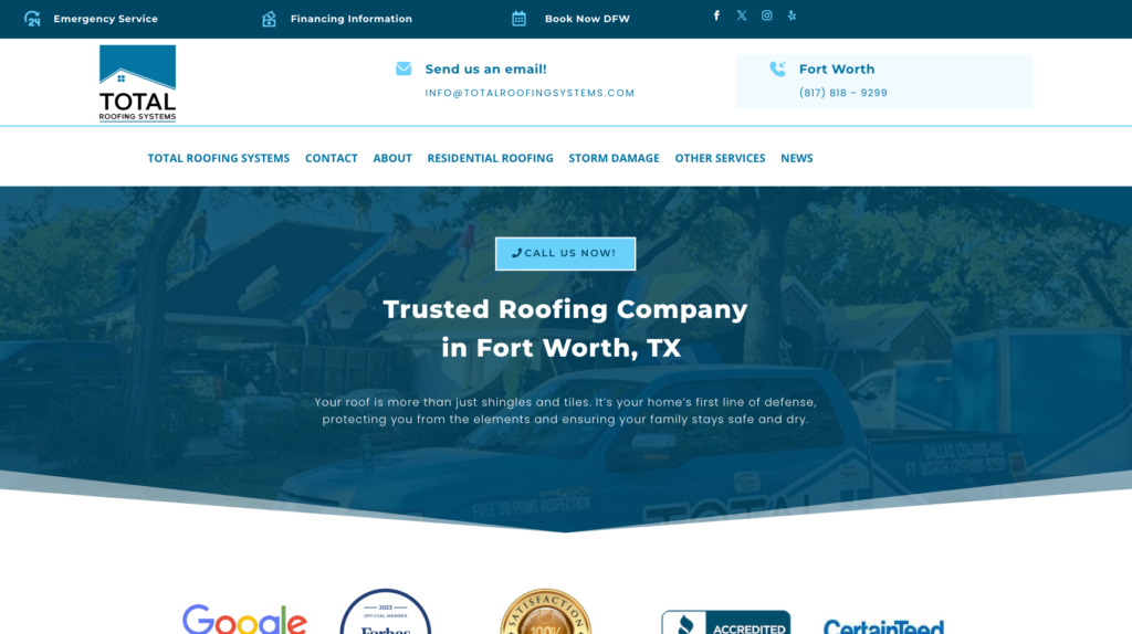 An image of Total Roofing Systems LLC’s homepage.
