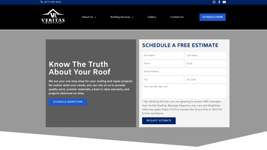 An image of Veritas Roofing’s homepage.
