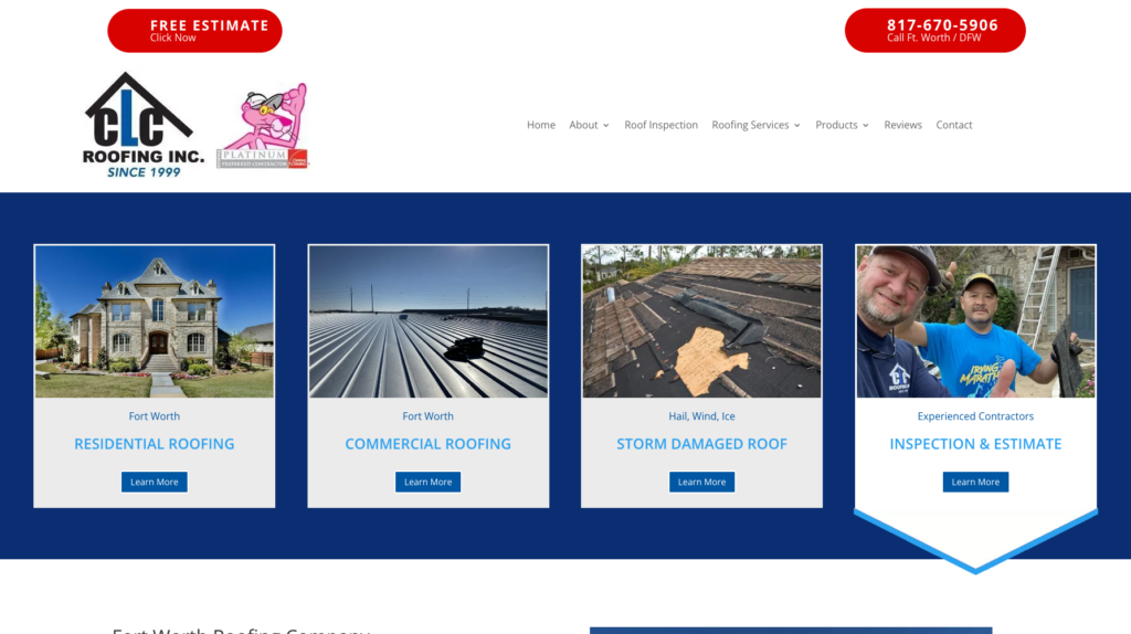 An image of CLC Roofing Inc.'s homepage.