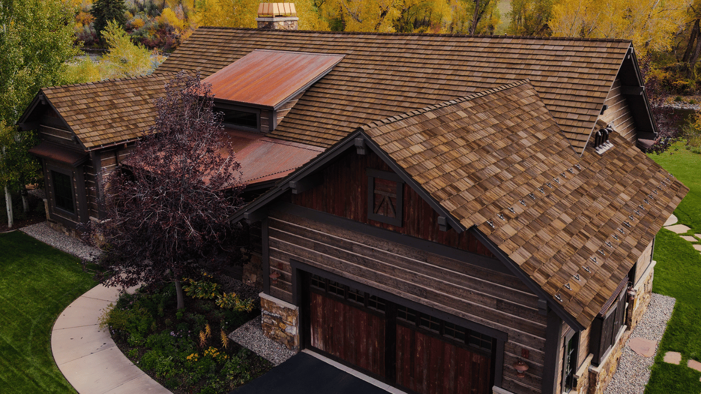 Class A fire-rated synthetic shake roof installed on a mountain home.